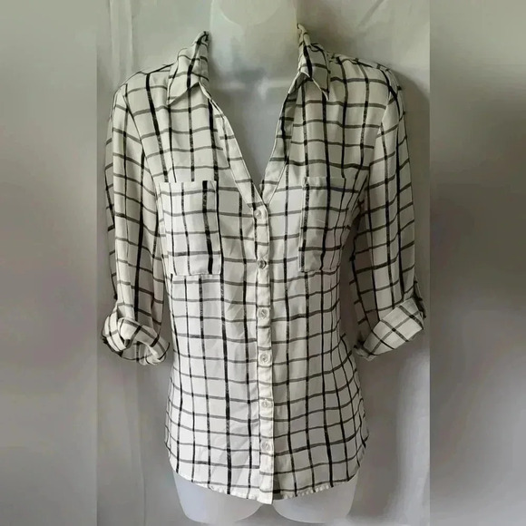 A. Byer Women's Button Down Top, Black & White Checkered Roll-Tab Sleeve Size M - Picture 1 of 10